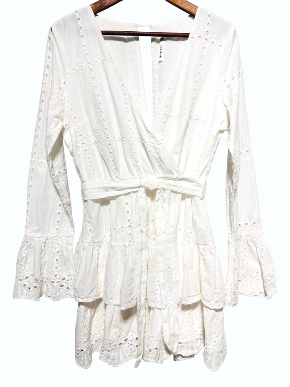 INDIKAH Eyelet Lace Wrap Mini Dress Coquette Poetcore Cottagecore Boho